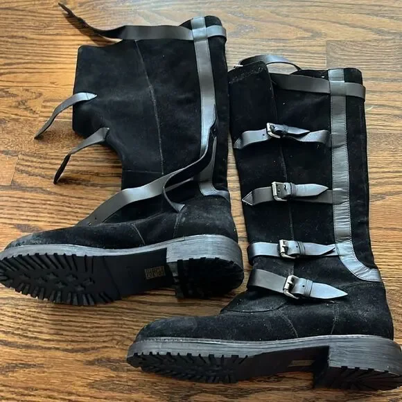 Free People size 9 Tristie Buckle Straps Knee High Boots Suede Lug Black